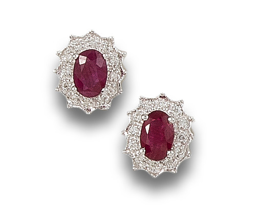 RUBY AND DIAMONDS ROSETTE EARRINGS, IN WHITE GOLD