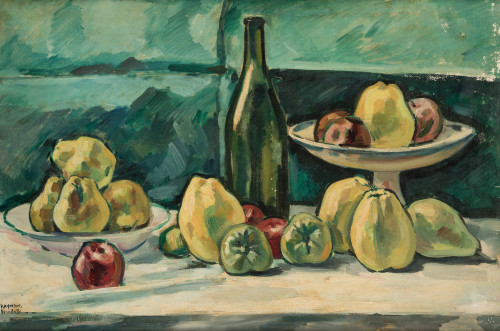 RAYMOND FEUILLATTE, "Bodegón con frutas y botella de vino",