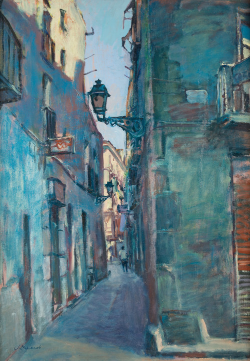 JOSÉP MOSCARDO FERNÁNDEZ, "Carrer del Tigre", Óleo sobre li