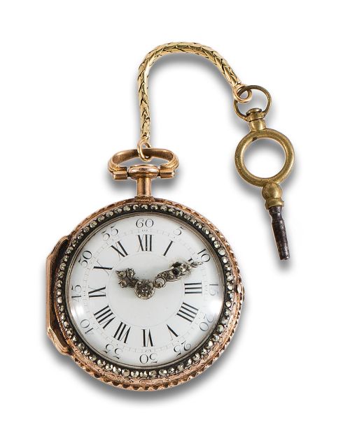 RELOJ DE BOLSILLO CATALINO DE DAMA, EN ORO Y VISTAS EN PLAT