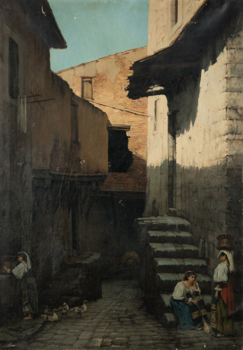 ESCUELA FRANCESA, "Las aldeanas", 1880, Óleo sobre lienzo.