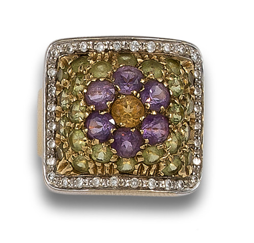 GOLD RING WITH DIAMONDS, AMETHYST, PERIDOTS AND TOPAZ