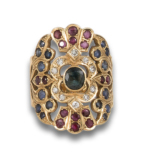 GOLD RING WITH DIAMONDS, SAPPHIRES AND RUBIES