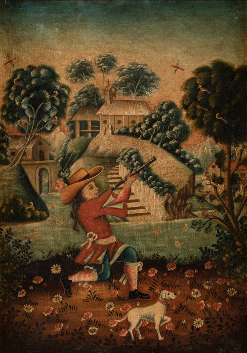 ESCUELA CUZQUEÑA, "Cazador en un paisaje", Óleo sobre lienz