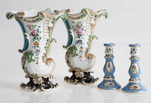 Pair of enameled porcelain candlesticks, 20th century