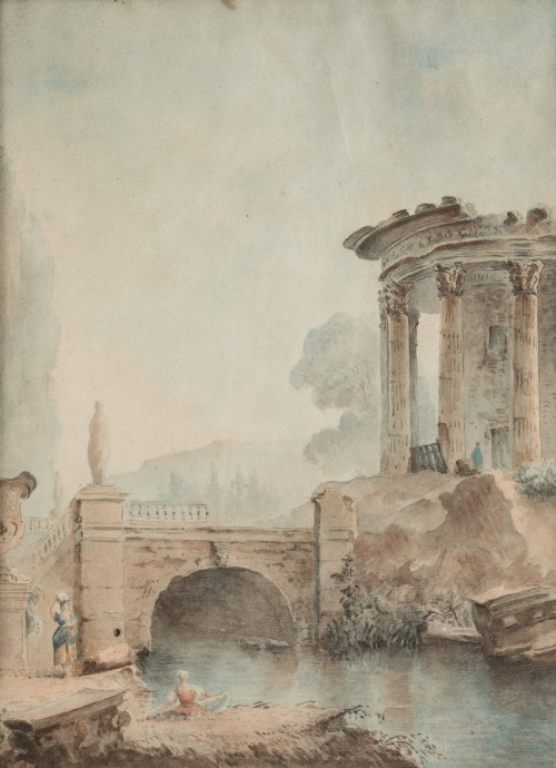 SEGUIDOR DE HUBERT ROBERT, "Paisaje con ruinas clásicas y l