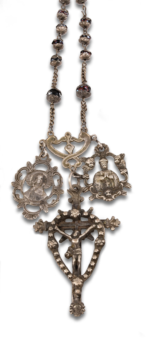 ANTIQUE ROSARY IN SILVER AND GLASS