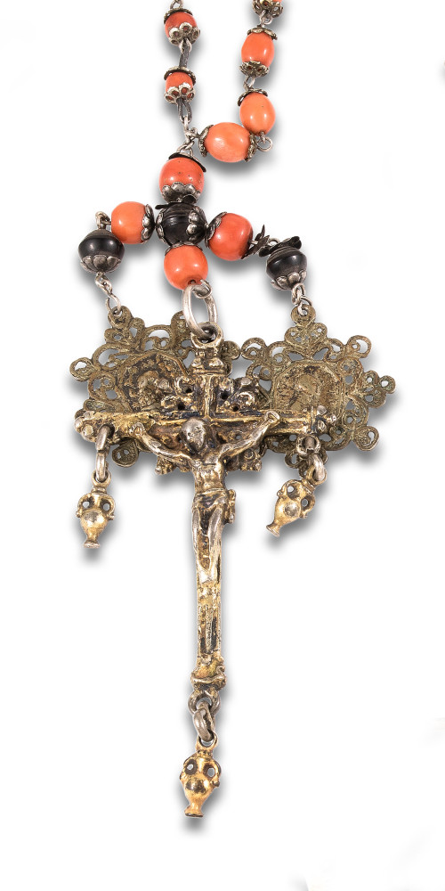 ANTIQUE ROSARY IN SILVER AND CORAL