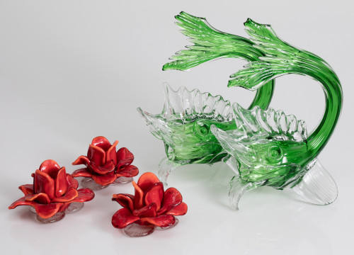 Tres candeleros de cristal de Murano en forma de flor, Ital