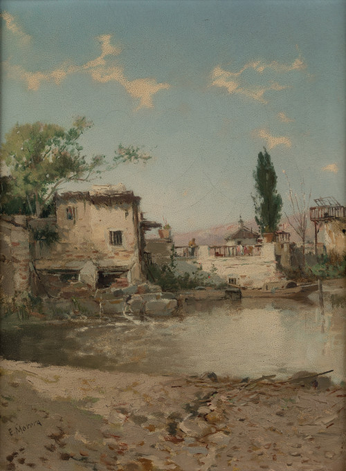 ENRIQUE MORERA Y VIURA, "Pueblo junto a un lago", Óleo sobr