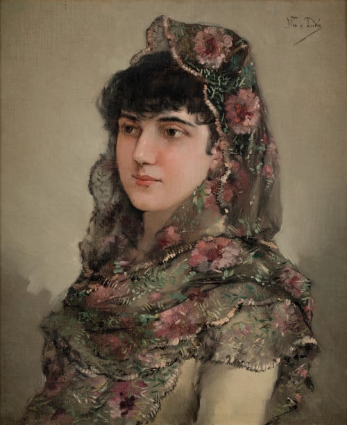 JOSÉ NIN Y TUDO, "Retrato de joven con mantilla", Óleo sobr