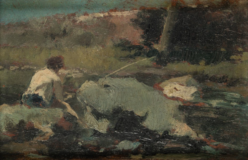 CASTO PLASENCIA, "Joven pescando", Óleo sobre tabla