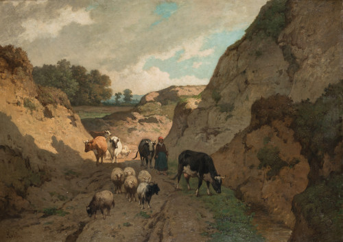 LOUIS ROBBE, "Paisaje con campesina y ganado", Óleo sobre l