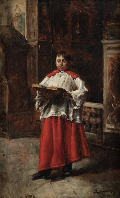 ESCUELA ESPAÑOLA, "Monaguillo", 1891, Óleo sobre cartón