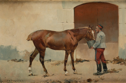 JOSÉ CUSACHS Y CUSACHS, "Militar dando de beber al caballo2