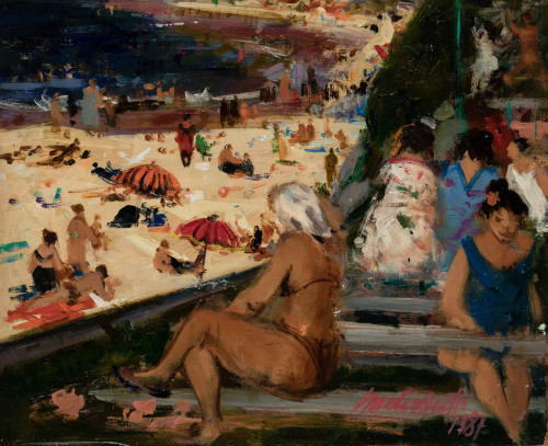 PHILIPPE MONTEAGUDO , "Playa de Gijón", 1987, Óleo sobre ta