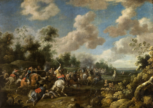 PIETER MEULENER, "Escena de batalla", Óleo sobre lienzo.