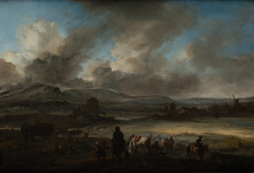 PHILIPS WOUWERMAN, "Paisaje con jinetes y caballos descansa