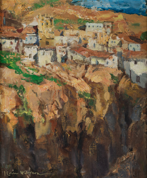 JOSÉ CRUZ HERRERA, "Paisaje con pueblo", Óleo sobre cartón