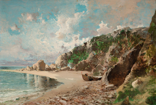 BALDOMERO GALOFRE, "Paisaje costero", Óleo sobre tabla