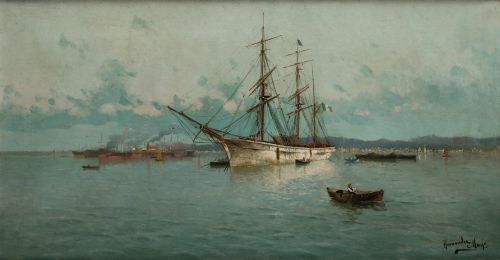 FRANCISCO HERNÁNDEZ MONJÓ, "Vista de puerto con velero ital