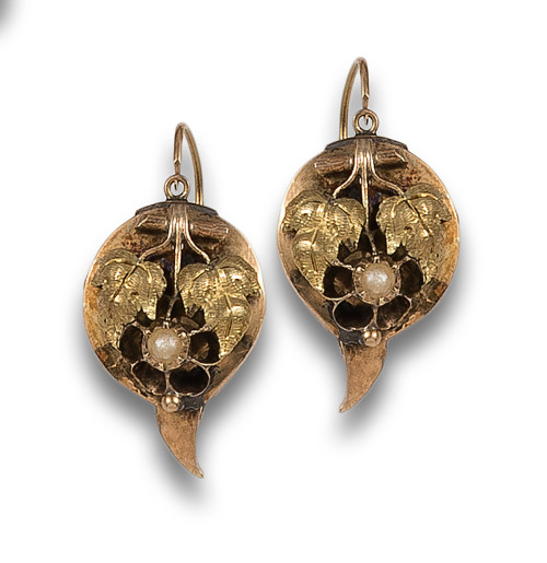 PENDIENTES COLGANTES C.1900 DE ORO Y PERLITAS