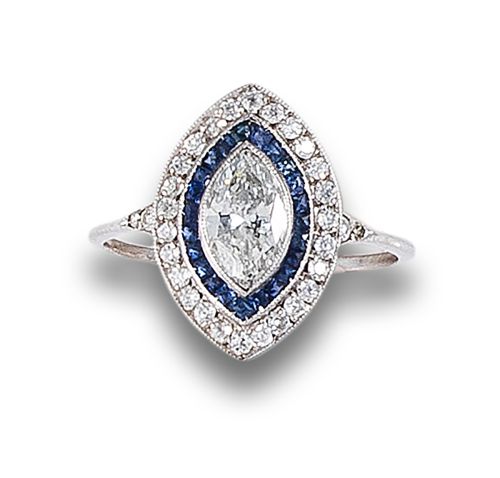 COCKTAIL RING, ART DECO STYLE, WITH DIAMONDS AND SAPPHIRES,