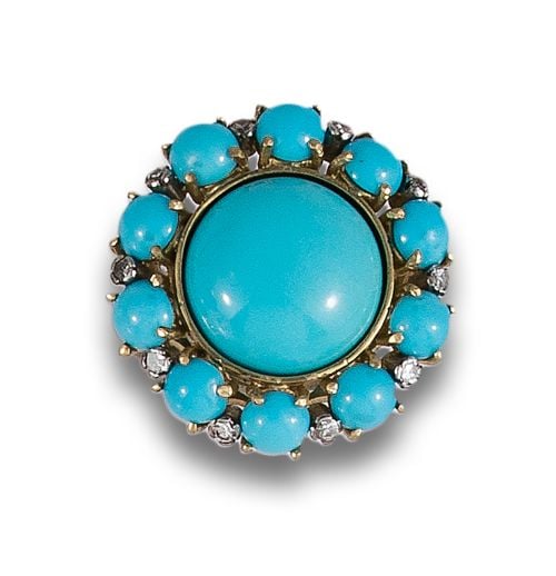 TURQUOISE AND DIAMONDS FLOWER RING, IN YELLOW GOLD