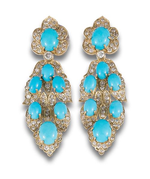 LONG DIAMONDS AND TURQUOISE EARRINGS, IN YELLOW GOLD