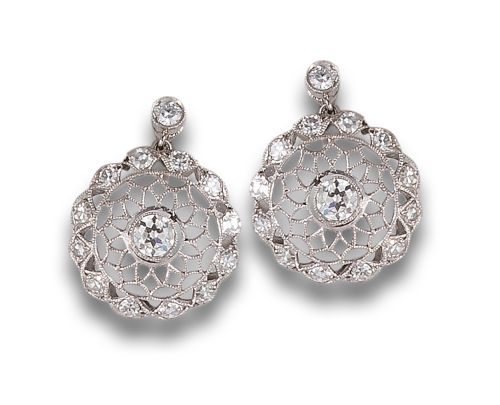 PENDIENTES COLGANTES, ESTILO ANTIGUO DE DIAMANTES, EN PLATI