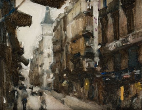 CARLOS LAHARRAGUE, "Calle Toledo, Madrid", Óleo sobre car