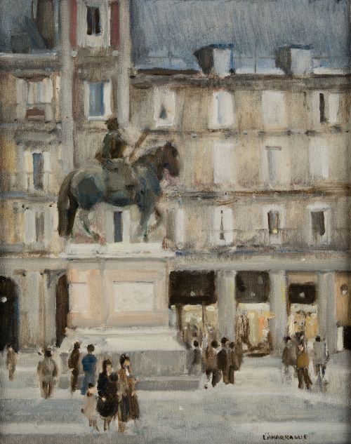 CARLOS LAHARRAGUE, "Plaza mayor de Madrid", Óleo sobre tabl