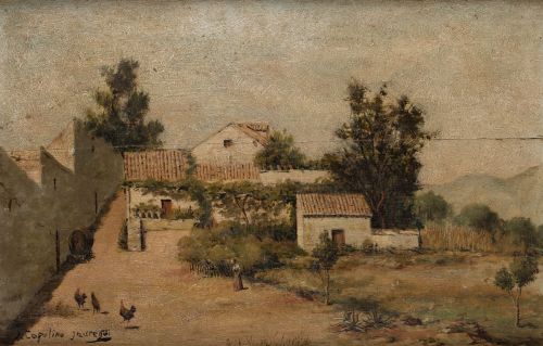 JOAQUIN CAPULINO JAUREGUI, "Paisaje con casa", Óleo sobre t