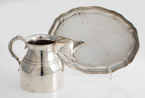 Silver metal oval water jug ​​and platter, 20th century