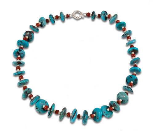 TURQUOISE, CORAL AND AGATE NECKLACE, SILVER CLASP