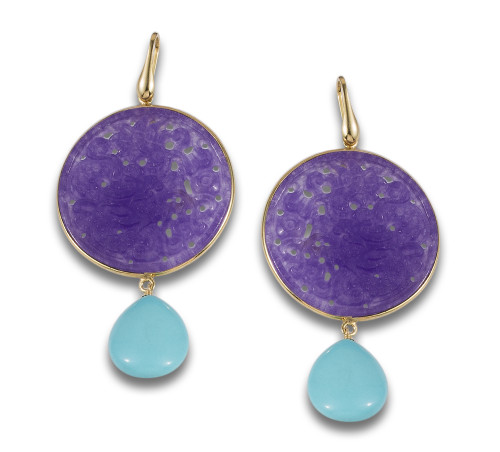 LONG LAVENDER JADE AND TURQUOISE KNOB EARRINGS, IN GOLDEN S