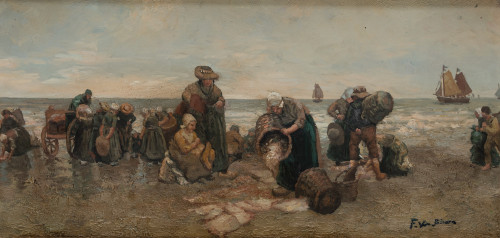 ESCUELA HOLANDESA, "Mariscadoras", Óleo sobre tabla