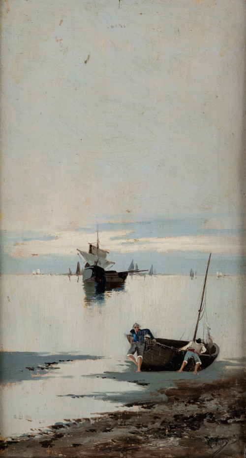 ESCUELA ESPAÑOLA, "Pescadores en la playa", Óleo sobre tabl