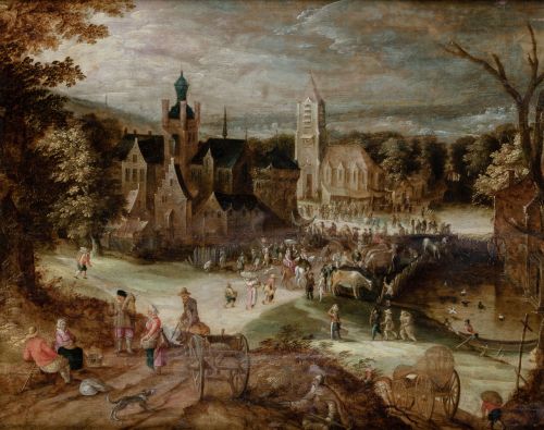 FLEMISH SCHOOL (17th century) "Village with characters and