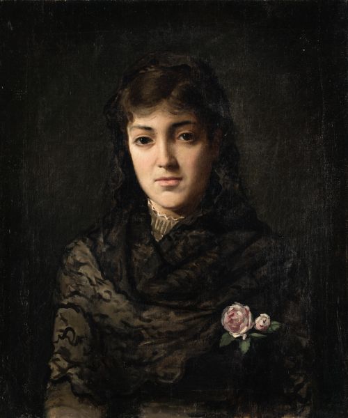 JOSE MARIA MANRESA Y ORTUÑO, "Dama con mantilla y rosas", Ó