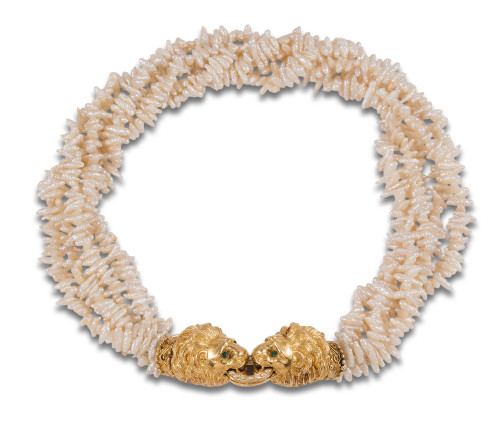 PEARL AND LION HEAD CHOKER IN YELLOW GOLD, DIAMONDS AND EME