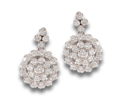 LONG DIAMOND ROSETTE EARRINGS, IN WHITE GOLD