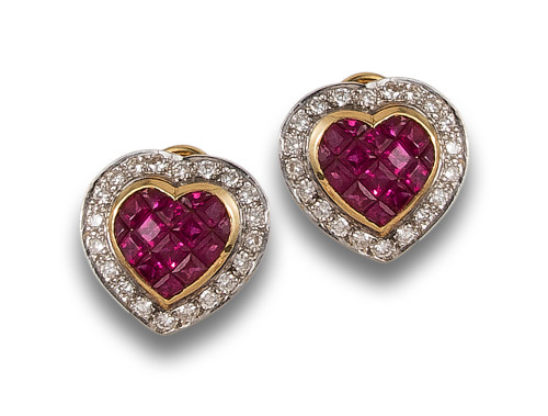 RUBY AND DIAMONDS HEART EARRINGS, IN TWO-TONE GOLD