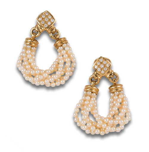 LONG EARRINGS, 80&#39;S, WITH DIAMONDS, YELLOW GOLD AND PEARLS