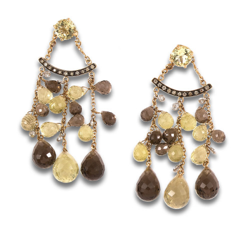 LONG QUARTZ AND DIAMOND EARRINGS, IN YELLOW GOLD