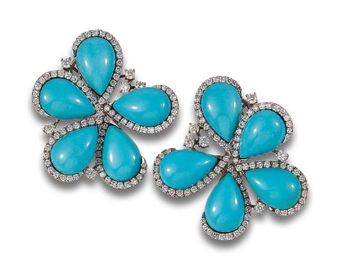 TURQUOISE AND DIAMONDS FLOWER EARRINGS, IN WHITE GOLD