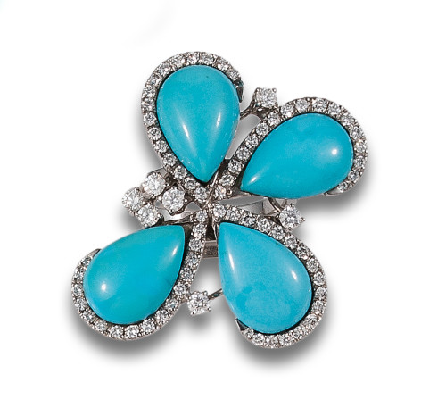 TURQUOISE AND DIAMONDS FLOWER RING, IN WHITE GOLD