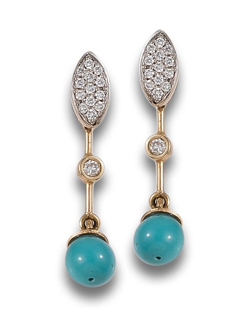 LONG DIAMONDS EARRINGS, SIMILAR TURQUOISE, IN YELLOW GOLD