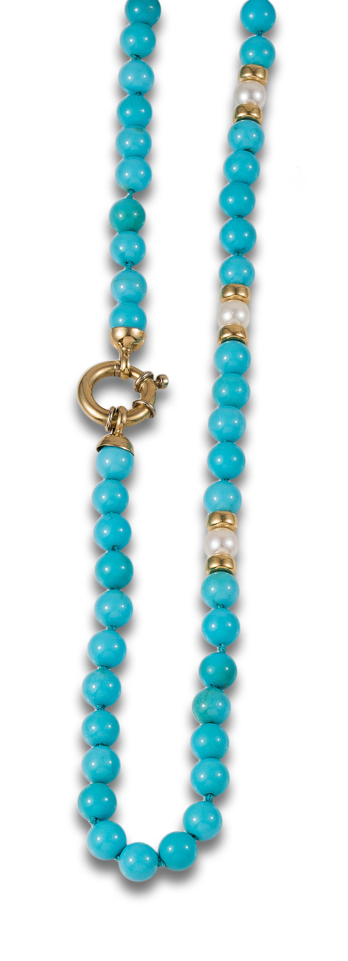 YELLOW GOLD NECKLACE WITH TURQUOISE AND PEARLS