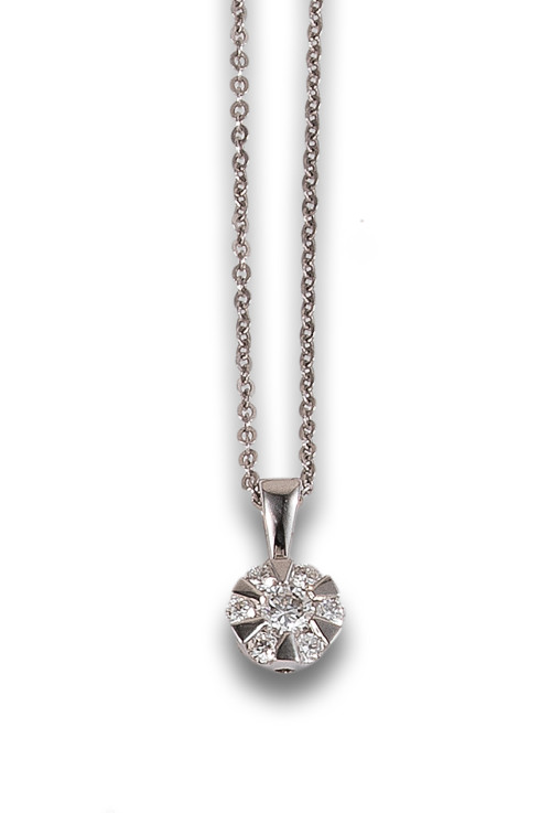 DIAMOND ROSETTE PENDANT, IN WHITE GOLD WITH CHAIN